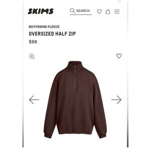 Skims Boyfriend Oversized 1/2 zip fleece pullover.Size Medium.Color Espresso